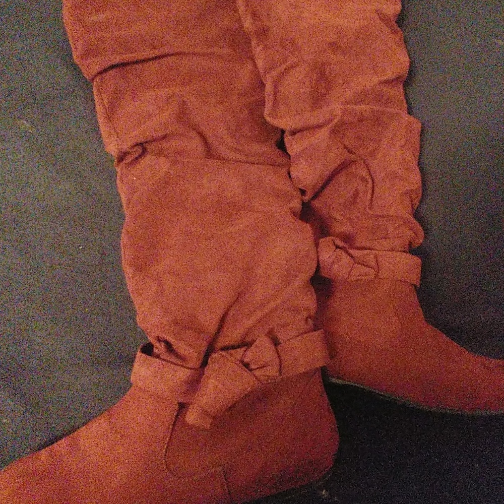 Burgundy knee high flat boots